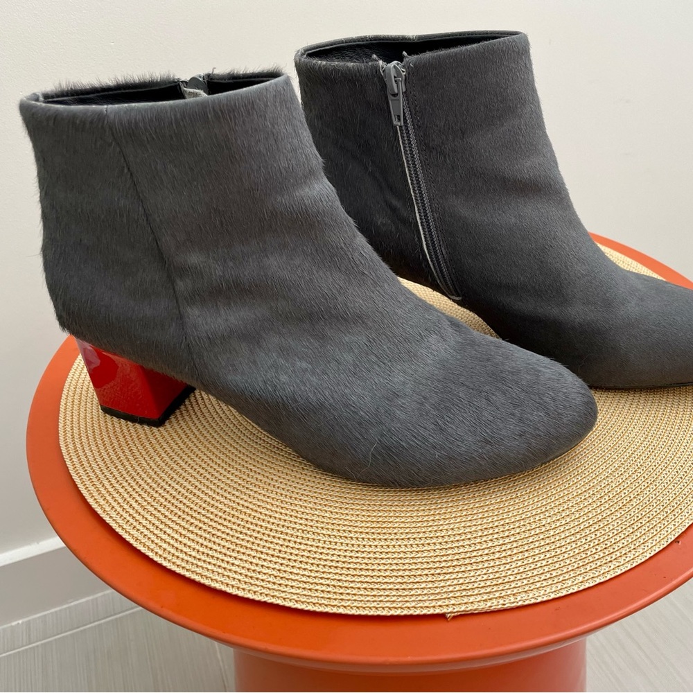 RARE Matiko pony hair booties, red heel. Excellent condition